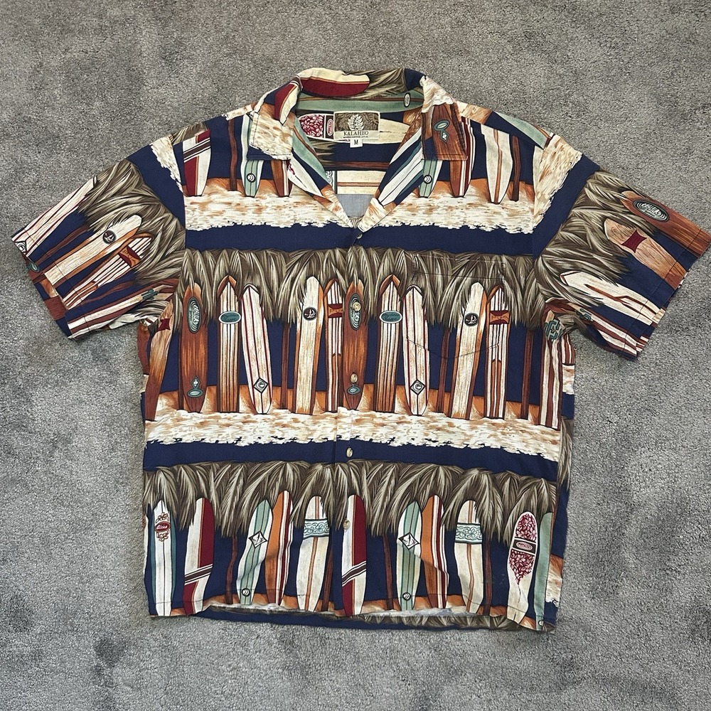 Kalaheo Shirt Mens M Medium All Over Print Surfboard Hawaiian Camp Button Up